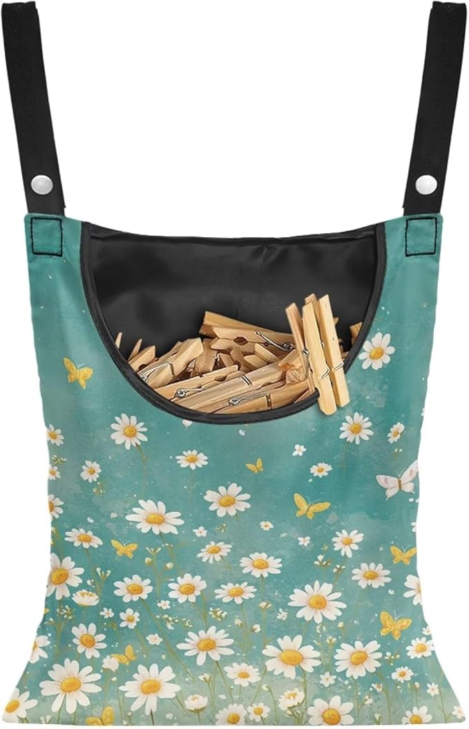 Clothespin Bag for Clothes Pin Holder for Outside and Clothes Line Pins, Clothes Pin Hanging Bag Fits Outdoor Laundry Clothesline - Daisy Pattern