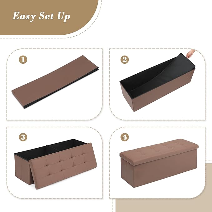 Athena Collection 43" Storage Ottoman Bench Folding Bench with 130L Hidden Storage, Large End of Bed Bench PU Leather Foot Rest Stool Chest with Flipping Lid for Living Room, Bedroom, Entryway, Brown