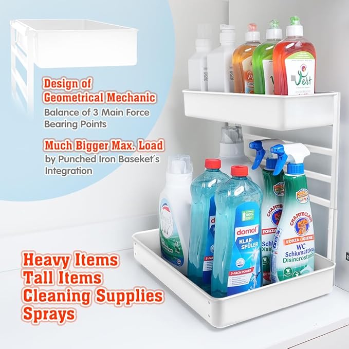 EVERIE Metal Pull Out Slide Shelf Organizer for Framed or Frameless Under Sink CabinetsOrganization in Kitchen, Bathroom, Counter, Cabinets (White, 1 Set)