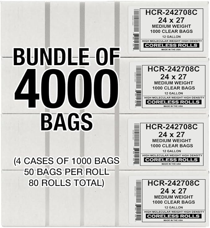 Aluf Plastics High Density Trash Bags, 12 Gallon, 4000 Count, 8 Micron (eq), 24" x 27", Clear, for Bathroom, Office, Industrial, Commercial, Janitorial, Municipal, Recycling