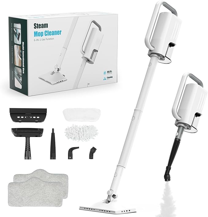 Steam Cleaner, 6 in1 Rotated Steam Mop Cleaner with 2 Modes, 2 Microfiber Pads, 400ML Removable Tank, 23FT Power Cable, Detachable Steam Mops for Floor, Laminate Floor, Tiles Cleaning (Sky White)