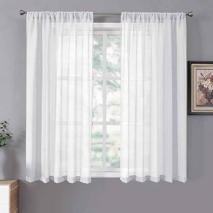 Tollpiz Short Sheer Curtain Living Room Linen Textured Curtains Sheer Light Filtering Voile Rod Pocket Curtain for Bedroom, 38 x 54 inches Long, White, Set of 2 Panels