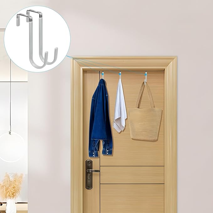 FYY Over The Door Hooks, 4 Pack Door Hangers Hooks with Rubber Prevent Scratches Heavy Duty Organizer Hooks for Living Room, Bathroom, Bedroom Hanging Clothes, Towels, Hats, Coats, Bags Silver