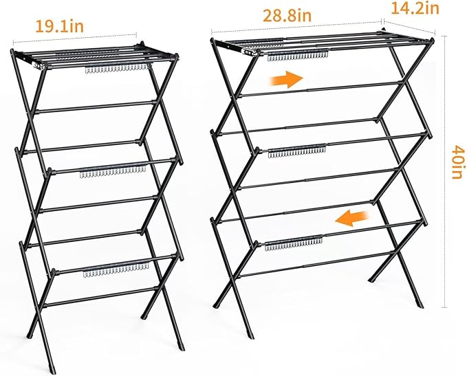 3 Tier Clothes Drying Rack,Foldable & Portable Clothing Drying Rack,Space-Saving Design, Indoor & Outdoor Laundry Rack for Drying Clothes,Metal Dryer Rack，Pure Black