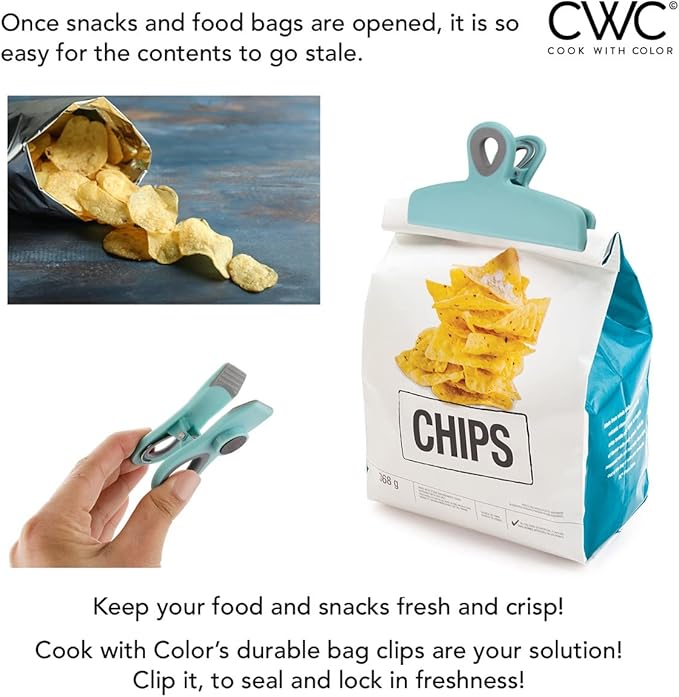 COOK WITH COLOR Bag Clips - Heavy Duty Chip Clip and Refrigerator Magnet Clips for Food Storage with Air Tight Seal Grip, Multi, Pack of 8