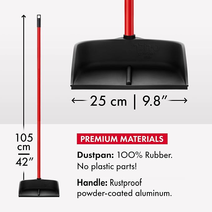 Dustpan with Handle by Ravmag- Solid Natural Rubber Construction- 40” Long Handled Dust Pan- Stand Up Design- Accommodates Any Broom/Hand Brush- Best Dustpans for Home/Lobby/Shop
