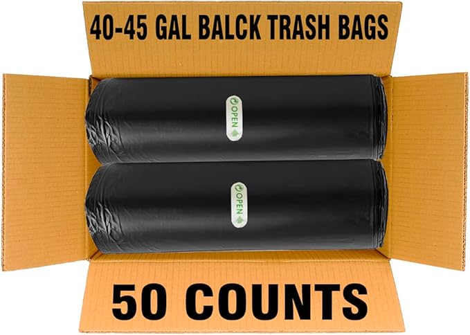 40-45 Gallon Lawn & Leaf Trash Bags, 50 Count Bulk, Black Garbage bags, Multi-purpose Trash Can Bin Liners for Home Commercial, Outdoor, Construction, Industrial