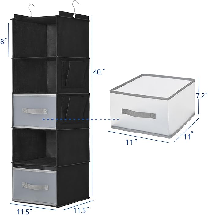 5-Layer Suspended Fabric Shelf Organizer, Equipped with 2 Sturdy Hooks, 2 Separate Drawers, and Foldable Hanging Storage (Black)