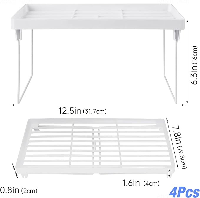 NiHome 4-Pack Stackable Plastic Kitchen Storage Shelf Foldable Rack - White Kitchen Cabinet Organizer and Storage Shelves Stackable Expandable Storage Racks for Counter Cabinet Pantry