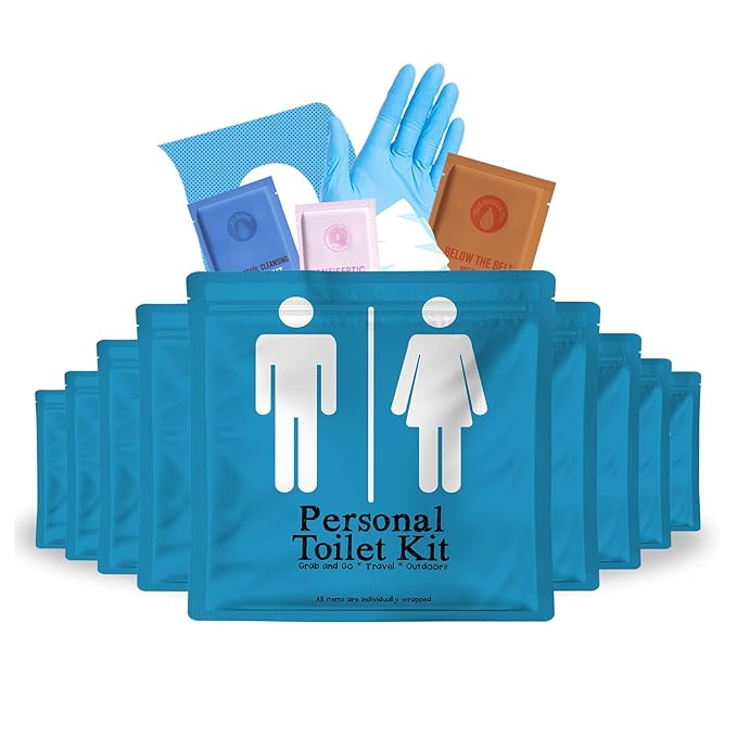 Personal Toilet Kit To Go – 10 Pack | Disposable Public Restroom Kit | Individually Wrapped for Toilet Protection Kit | Toilet Paper, Toilet Seat Cover, Butt Wipes, Cleansing Wipes (Light Blue)