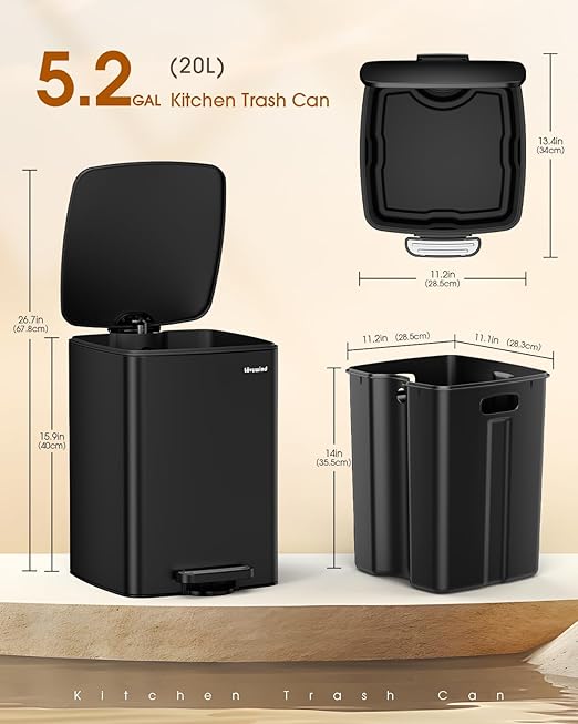 Lovewind Kitchen Trash Can with Lid, 5.2 Gallon/20 L Footstep Garbage Can for Kitchen Bedroom Home Office, 20 Liter Trash Bin Brushed Stainless Steel Waste Bin with Soft-Close Lid,Black