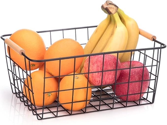 Metal Wire Food Storage Basket Organizer with Wooden Handles for Organizing Kitchen Cabinets, 4 Packs-Black