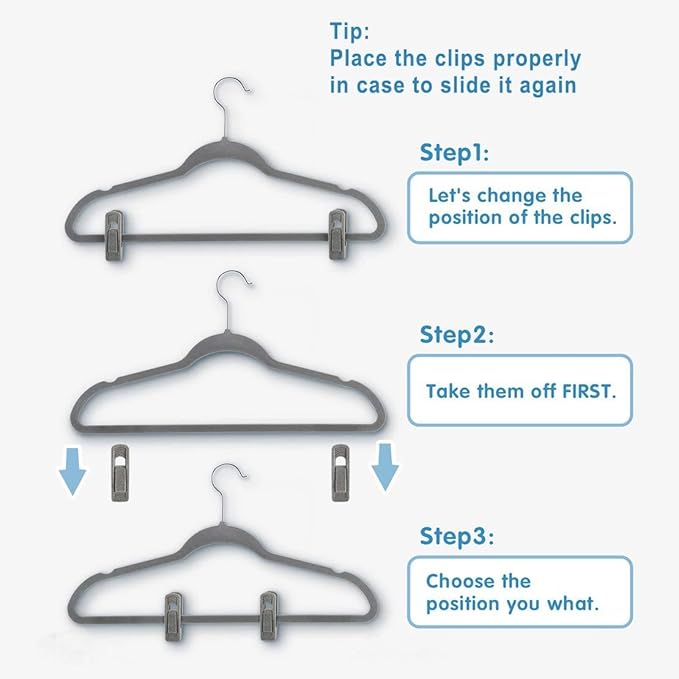 Grey Hanger Clips for Velvet Hangers - 40 PCS Gray Nonslip Velvet Hanger Clips, Skirt Hanger Flocking Clips Fit for Slim Velvet Hangers
