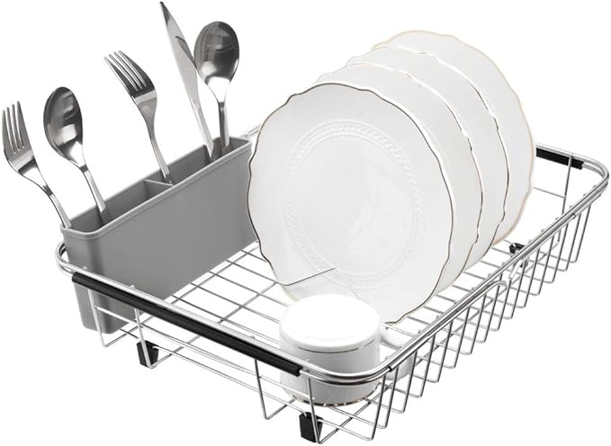 SANNO Expandable Dish Drying Rack,Dish Drainer,Dish Plate Holder Basket in Sink or On Counter with Utensil Silverware Storage Holder, Over The Sink,Rustproof Stainless Steel