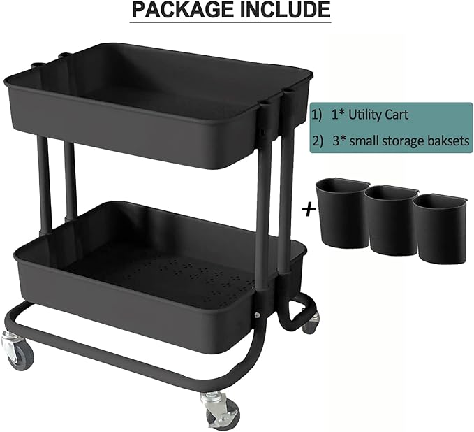 Melody House 2-Tier Utility Rolling Cart Storage Sofa Side Table with Wheels, Mobile Trolley Organizer with for Office Home Kitchen Organization, Black
