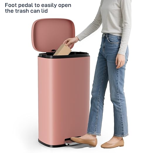 Arlopu 8/13.2 Gallon Step Trash Can, Stainless Steel Garbage Bin, Soft-Close Rubbish Bin with Removable Plastic Inner Bucket, Fingerprint-Proof, Lid Dustbin, Suit for Kitchen Home (Pink, 50L)