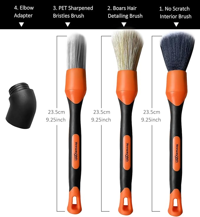 YeewayVeh 3pcs Car Detailing Brush Set, 1pc Boars Hair Detailing Brushes,1pc Ultra Soft Detail Brush for Air Vent Leather Seat, 1pc Scratch Free Car Detailing Brushes for Interior Exterior, Orange