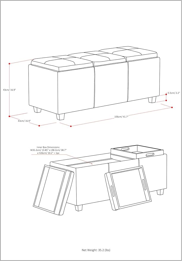 SIMPLIHOME Avalon 42 inch Wide Contemporary Rectangle Storage Ottoman in Denim Blue Vegan Faux Leather, Assembled, for the Living Room, Entryway and Family Room