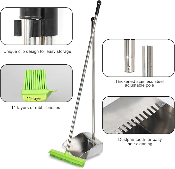 Rubber Broom and Dustpan Set,Pet Hair Removal Rubber Broom with Squeegee and Stainless Steel Dust Pan,Carpet Rake Push Broom and Dustpan for Fluff Hardwood Floor Tile (Green)