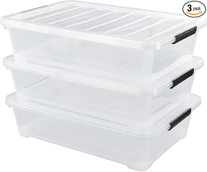 3-Pack Plastic Under bed Storage Box, Clear Latch Bin with Lid, 40 Quart