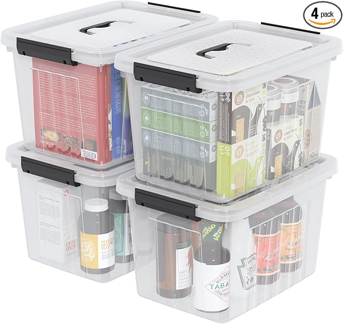 18 Quart Clear Plastic Storage Latching Bin with Lids, Latch Box with Handle, 4 Packs