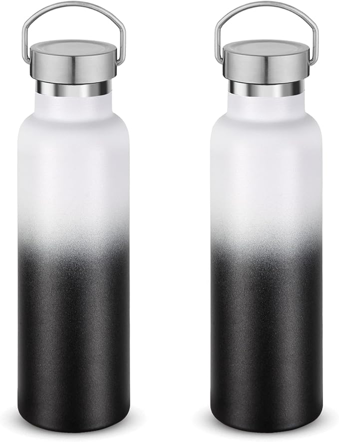 Neihepal 20 oz Insulated Water Bottles Bulk 2 Pack,Stainless Steel Double Wall Sport Bottle with Lid of Handle,Metal Reusable Thermoses Flask for School,Cyclists,Hikers,Gift (White-Black,Set of 2)