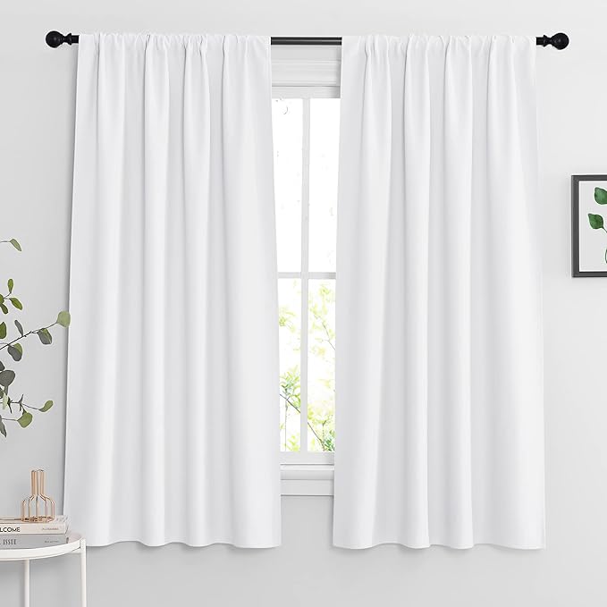 RYB HOME Blackout Curtains 63 inches Long - Energy Saving Insulation Large Window Curtain Blinds for Bedroom Living Room Dining Basement Home Office, W 62 x L 63 per Panel, Pure White, 2 Pcs