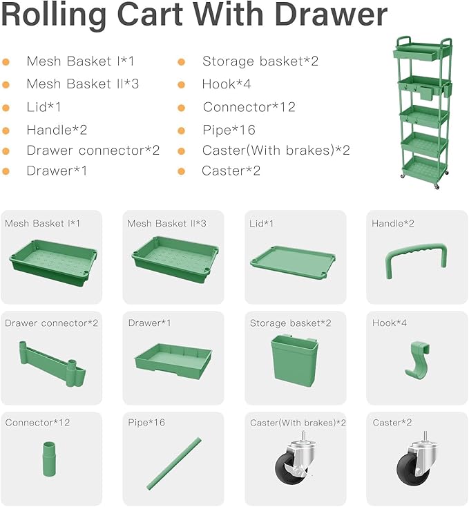 5 Tier Rolling Cart Organizer,Bathroom Cart Organizers with Wheels Laundry Room Organization Mobile Shelving Unit Utility Cart Storage Shelves Multi-Functional for Office, Home(Green)