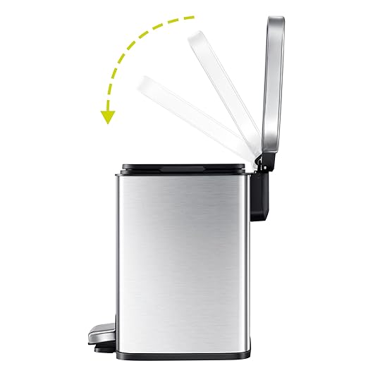 EKO Madison 6L / 1.6 Gal Bathroom Trash Can with Lid and Removable Inner Basket, Rectangular Small Step Trash Can, Brushed Stainless Steel