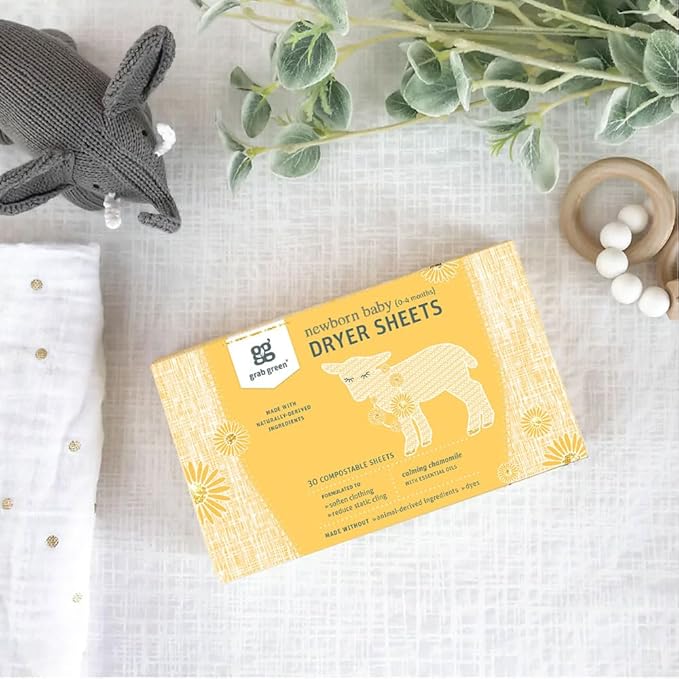 Grab Green Newborn Baby Dryer Sheets, 120 Sheets, Chamomile Scent, Plant and Mineral Based, Compostable, Softens Clothing and Linens, Reduces Static Cling
