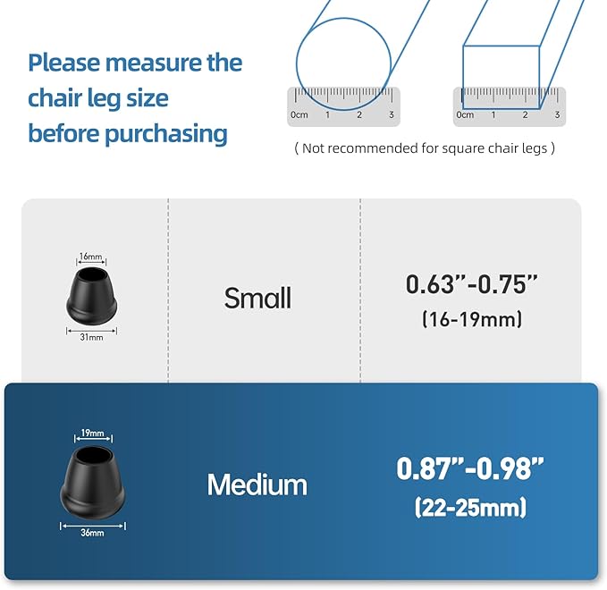 1 Inch Heavy Duty Rubber Chair Leg Caps - 8 PCS Non-Slip Furniture Floor Protectors with Metal Inserts for Wood, Tile, Carpet - Fits Chairs,Stools,Bar Stools