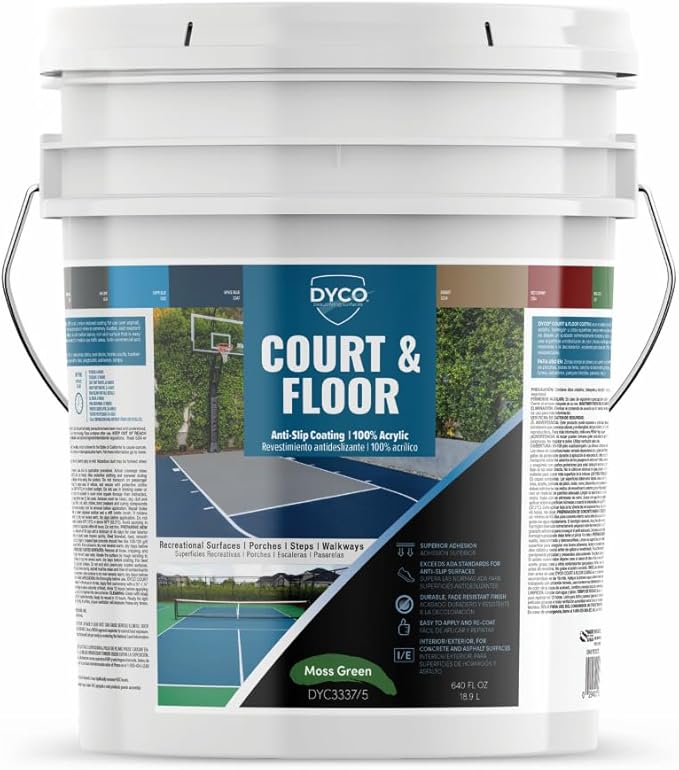 DYCO Court & Floor Anti-Slip Coating - Slip Resistant Pavement, Cement & Concrete Paint for Pickleball, Tennis & Basketball Courts, Exceeds ADA Standards for Safety Areas (Moss Green, 5 Gallons)