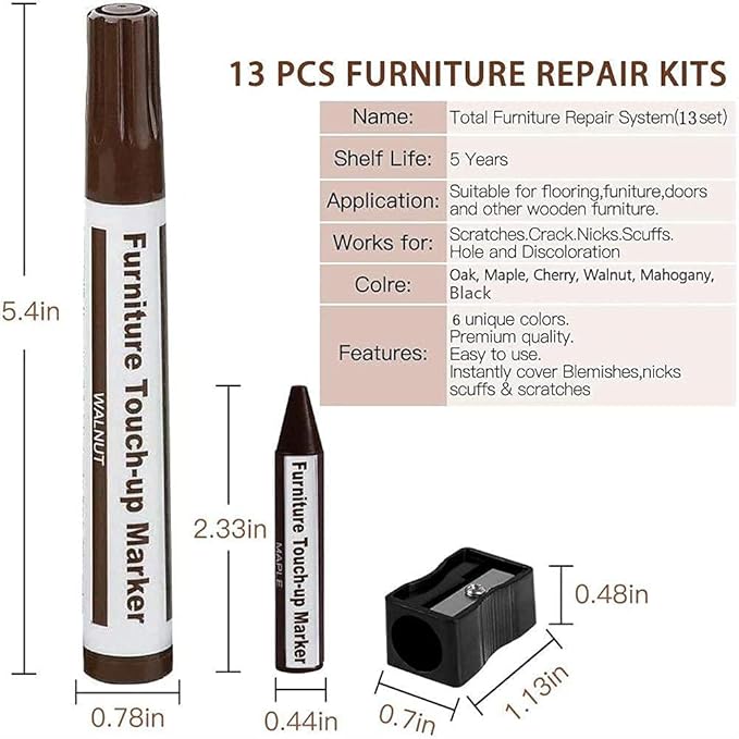 Furniture Repair Kit Wood Markers - Set of 13 - Markers and Wax Sticks with Sharpener Kit, for Stains, Scratches, Wood Floors, Tables, Desks, Carpenters, Bedposts, Touch Ups, and Cover Ups