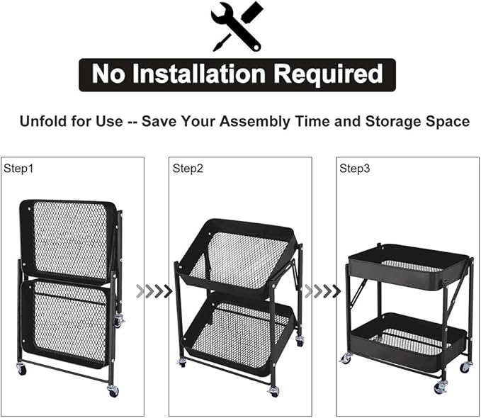2-Tier Metal Folding Rolling Cart, Mobile Utility Cart Trolley Storage Organizer for Office Home Kitchen Organization, Sofa Side End Table with Wheels, Black