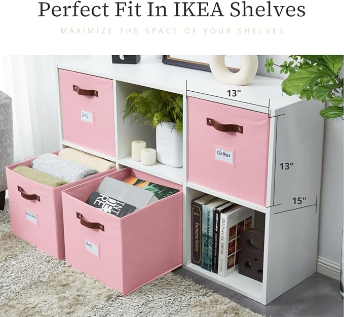 DECOMOMO Storage Baskets, 13x15x13 Storage Cube Bins with Labels for Organizing Shelves Kallax (Kallax / 4pcs, Pink)