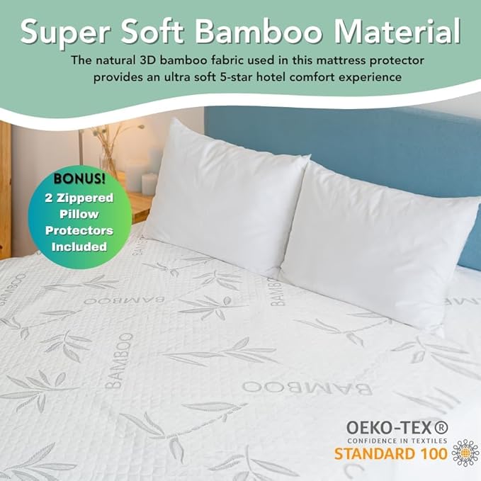 Bamboo Rayon Mattress Protector with Zipper + 2 Pillow Protectors - 100% Waterproof Cooling King Size Cover - Ultra Soft Fabric Breathable Noiseless Mattress Pad Covers Zippered Encasement