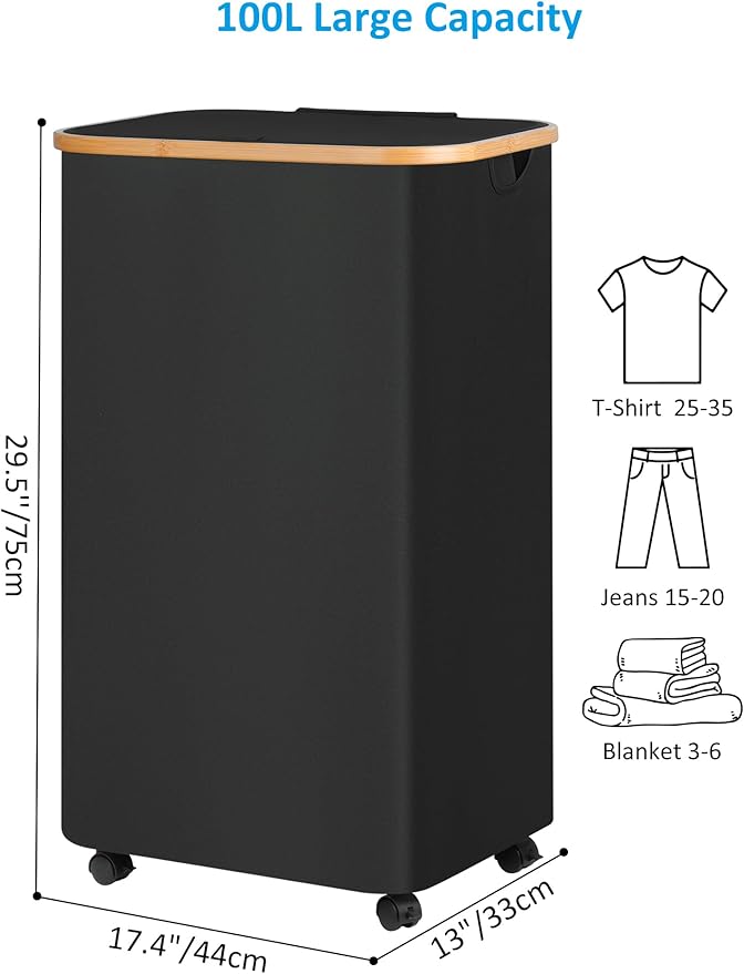 efluky Laundry Basket with Wheels, Tall Rolling Laundry Hamper with Lid and Removable Bag, Aesthetic Dirty Clothes Hamper on Wheels for Laundry Room, Bedroom, Dorm and Bathroom, 100L Black