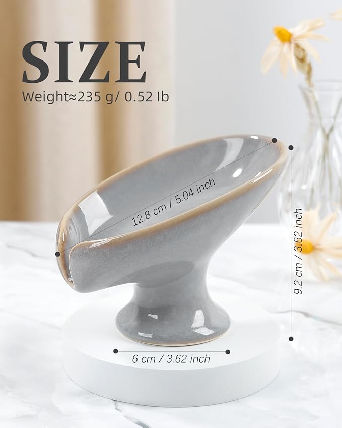 Soap Dish, Self Draining Bar Soap Holder for Bathroom Sink, Leaf Shaped Drainage Ceramic Porcelain Decorative Soap Dish, No Suction Cup, Kiln Stone Gray, ANTIS'S HOME