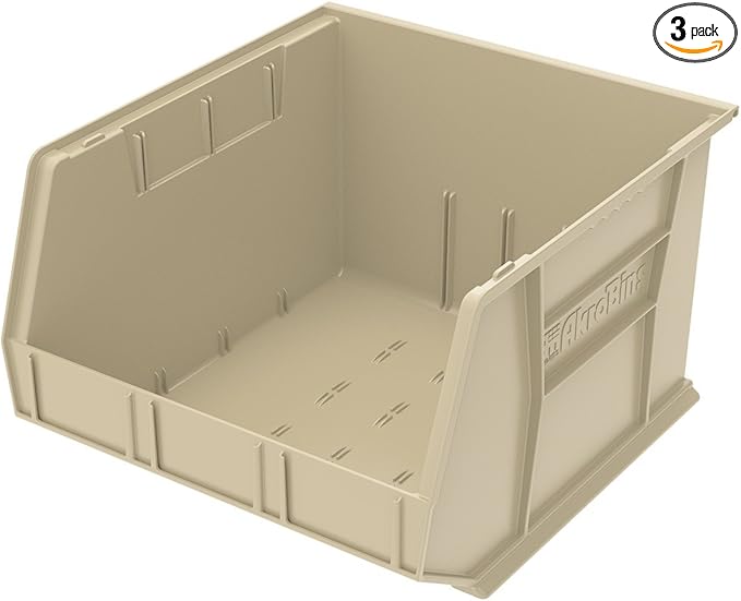 Akro-Mils 30270 AkroBins Plastic Storage Bins, Space-Saving Stackable Bins for Garage, Pantry, Craft Organization, 18-Inch x 16-Inch x 11-Inch, Stone, 3-Pack