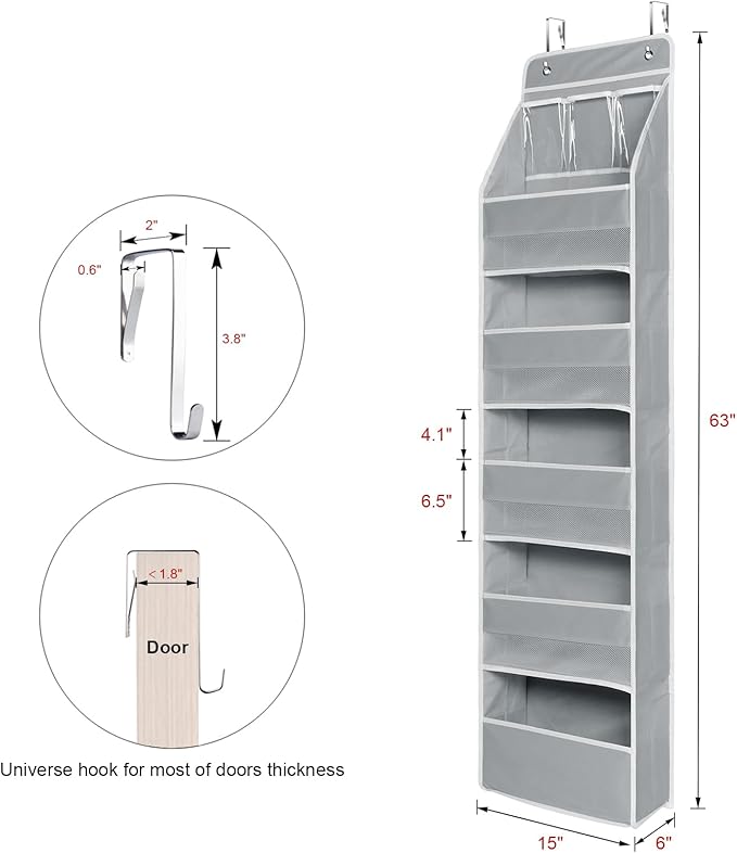 Univivi 6-Shelf Over Door Hanging Organizer Fabric Baby Door Storage with 5 Large Pockets and 3 Small PVC Pockets Wall Mount Hanging Storage Organizers for Baby Essential (Grey)