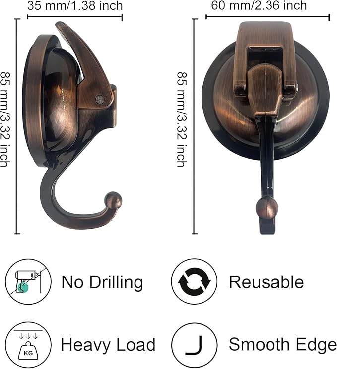 Suction Cup Hooks Heavy Duty Vacuum Suction Shower Hooks Glass Suction Cup Hooks Bathroom Robe Hooks Reusable, No Hole Punched, for Garland Decoration (Antique Brass, 4 Pack)