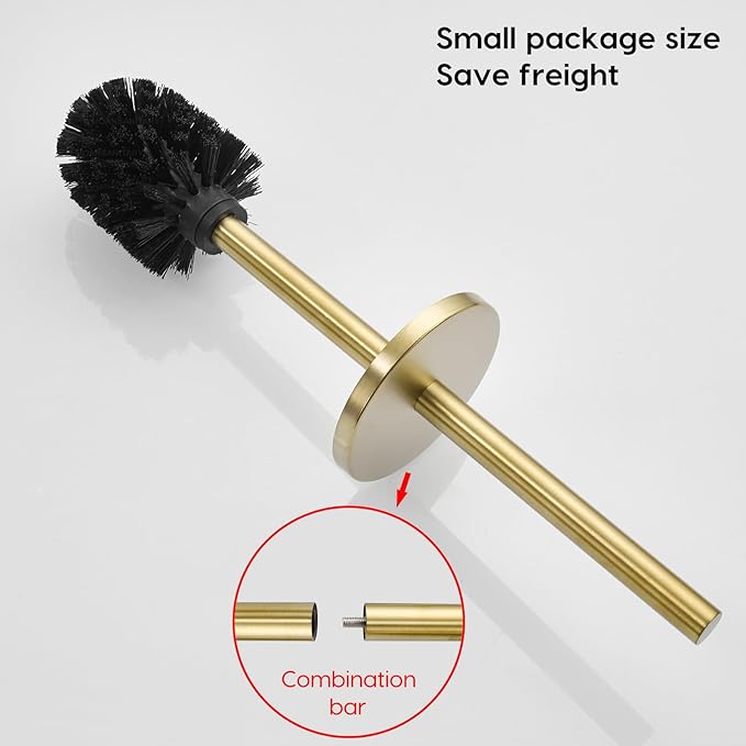 Gold Brushed Stainless Steel Toilet Brush and Cover, No-Punch Hook Base Dual Purpose Toilet Brush Holder with Removable Inner Bucket and Splash Cover - Soft Bristles (Brushed Gold)