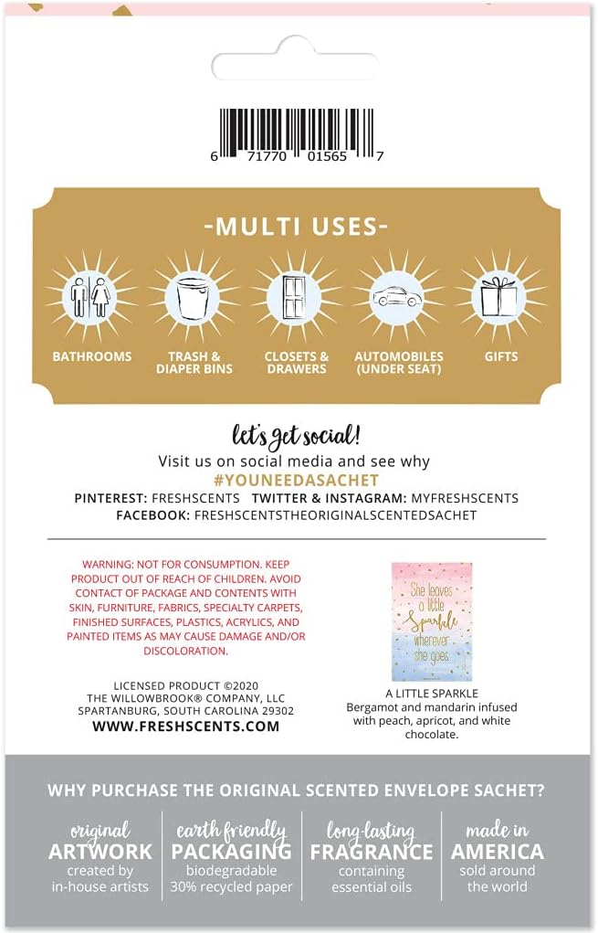 Willowbrook | Fresh Scents Scented Sachet Packet | Little Sparkle | Air Freshener Bags for Drawers, Closets, Cars | 6 Pack | Long Lasting Home Fragrance