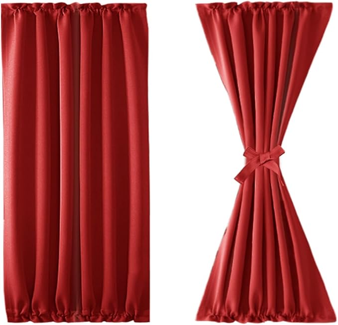 DWCN French Door Curtains – Rod Pocket Thermal Blackout Curtain for Doors with Glass Window, Christmas, Kitchen and Patio Doors for Privacy, 25 X 40 Inches Long, 1 Curtain Panel with Tieback, Red