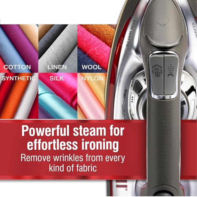CHI Steam Iron for Clothes with 300+ Holes for Powerful Steaming, Temperature Guide Dial, 1700 Watts, XL 10’ Cord, 3-Way Auto Shutoff, Titanium Infused Ceramic Soleplate, Silver (13101)