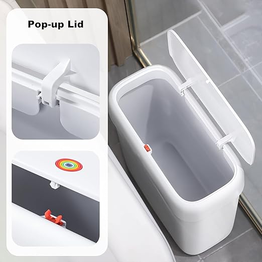 funest Bathroom Small Trash Can with Lid, 13 Liter/3.4 Gallon Slim Garbage Bin with Press Top Lid, White Wastebasket for Bedroom, Office, Kitchen, RV
