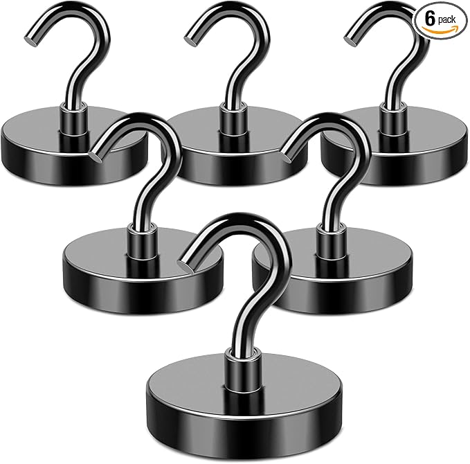 MIKEDE Magnetic Hooks Heavy Duty, 150LB+ Strong Black Magnets Hooks for Refrigerator, Rare Earth Neodymium Hooks with Epoxy Coating, Cruise Magnets with Hook for Hanging, Garage - 6 Pack