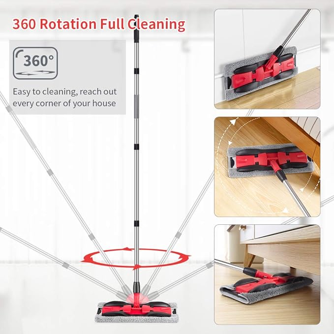MEXERRIS Microfiber Mops for Hardwood Laminate Tile Floor Cleaning: Stainless Steel Handle - 4 Reusable Flat Mop Refills and 1 Dirt Removal Scrubber Included - Dry Dust Mop Commercial Home Use