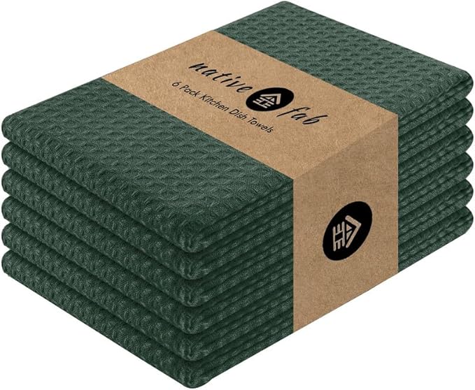 Native Fab Cotton Kitchen Towel with Hanging Loop 16x26 inches, 6-Pack, Waffle Weave Kitchen Towels for Cleaning Drying, Washcloths Soft & Absorbent Cloth Rags, Bar Towel, Dish Cloth, Olive Green