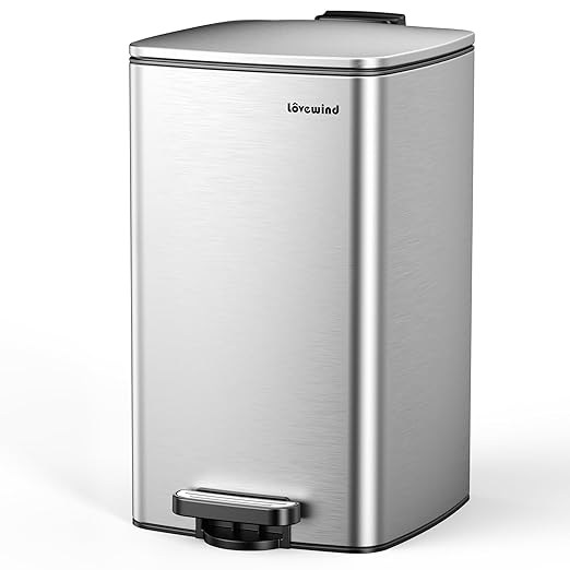 Lovewind Kitchen Trash Can with Lid, 8 Gallon/30 L Footstep Garbage Can for Kitchen Bedroom Home Office, 30 Liter Trash Bin Brushed Stainless Steel Waste Bin with Soft-Close Lid,Silver